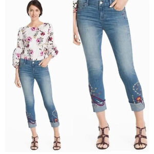 White House Black Market The Slim Crop Floral Embroidered Jeans Size 4 Stretch